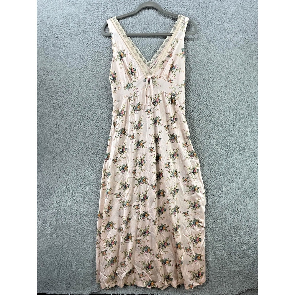 Vintage Henson Kickernick Nightgown Womens Medium Pink Floral Satin Lace Chemise